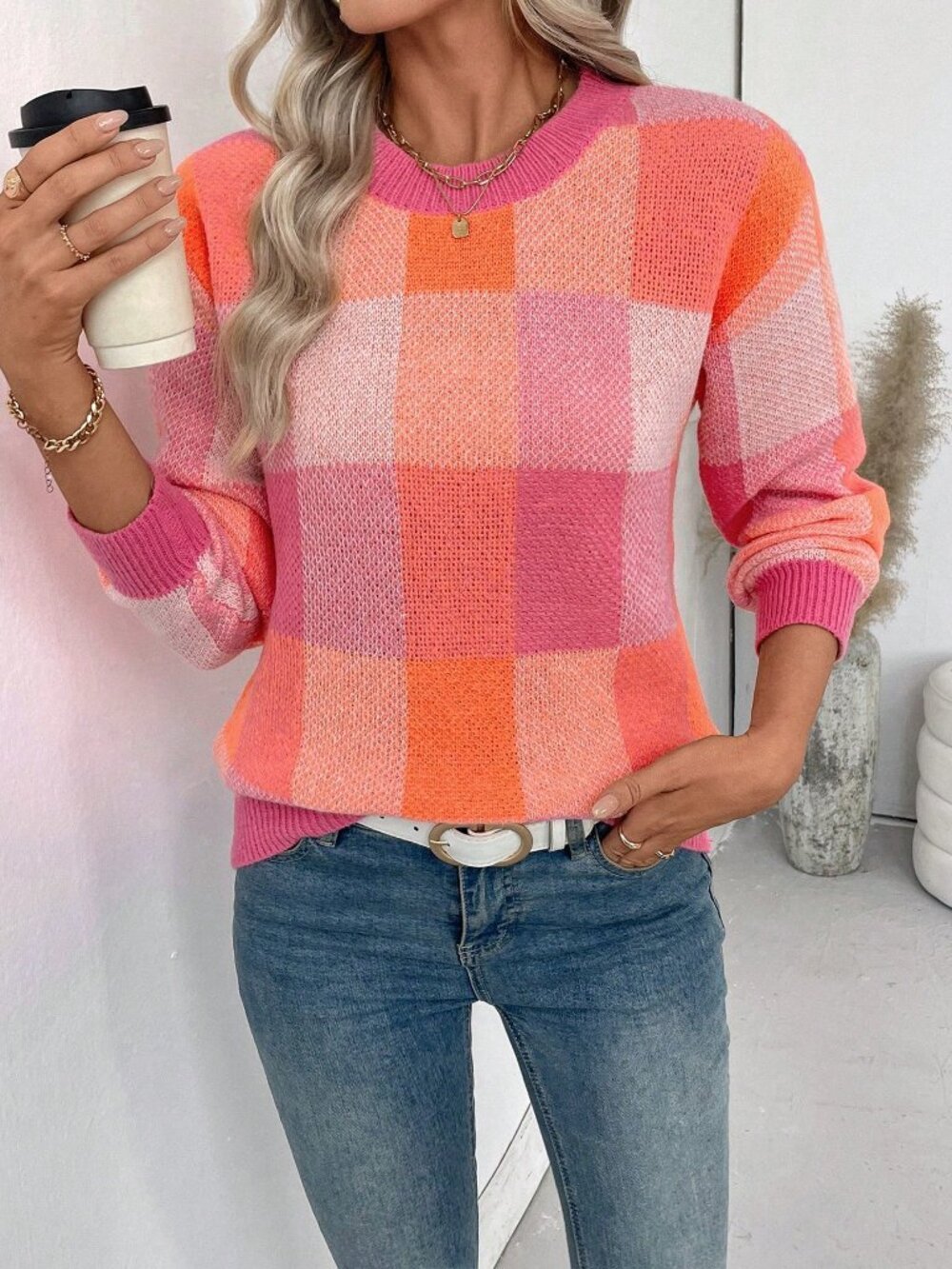 Hot Pink Casual Women's Christmas Plaid Crew Neck Loose Sweater